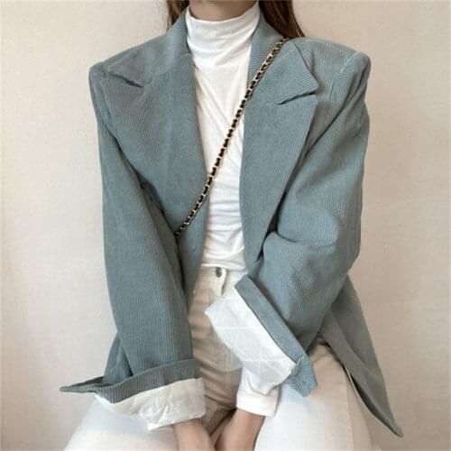Korean Green Corduroy Blazers Vintage Lapel Single-breasted Casual Chaqueta Mujer Notched Collar Long-sleeve Female Suit Jacket