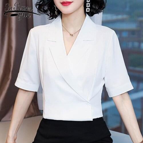 New Fashion Elegant Blusas Mujer De Moda 2021 Splice Short Sleeve Womens Tops and Blouses V-neck Shirt Women Femme 8677 50