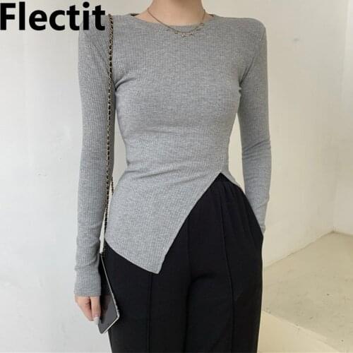 Flectit Cut Out Sweater Asymmetrical Long Sleeve O-Neck Pullover Stretchy Knit Fitted Jumper Womens Top 2021 Spring Trend
