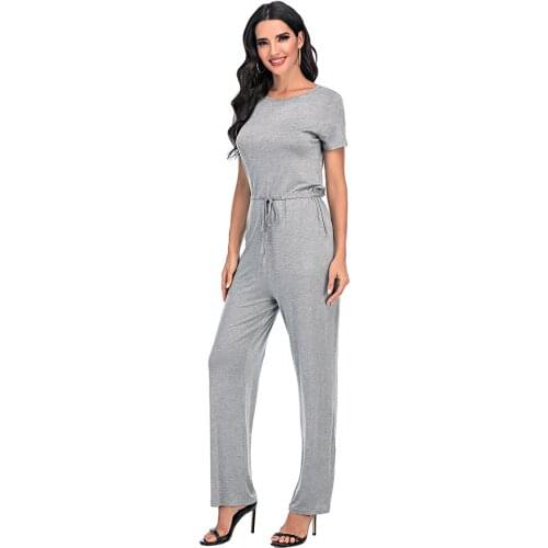 Summer Women Jumpsuit Solid Color O Neck Short Sleeve Sashes Pocket Keyhole Button Wide Leg Pants High Waist Overall Romper