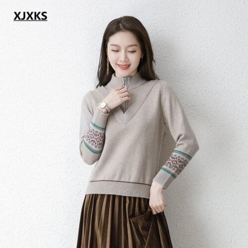 XJXKS 2021 autumn winter new fashion zipper women turtleneck sweater high-end wool knitted sweater women pullover
