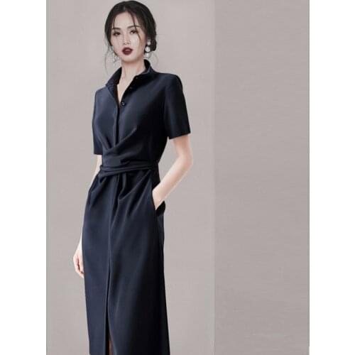 Queen Elegant Polo Folds Pencil Dress for Women Slim Short Sleeve Sheath Bodycon Dresses Office Lady Shirt Vestido Summer 2021