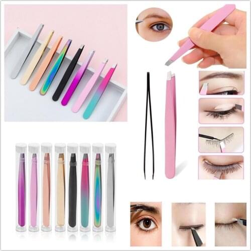 1pc Professional Slanted Stainless Steel Eyebrow Tweezers Eyelash Extension Clip Makeup Beauty Tools