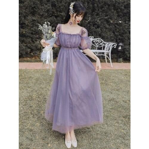 BLLOCUE Lady Purple Girl Palace Style Retro Mesh Dress 2020 New Bubble Sleeve Temperament Party Dresses Women