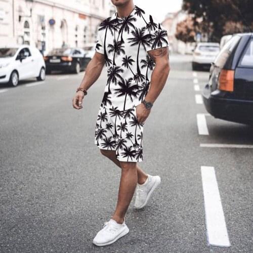 Men Palm Printed Hawaiian Set Summer 2-piece Beach Short Sleeve T Shirts Shorts Tracksuit Fashion Slim Streetwear Male Clothing