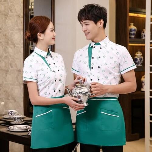 Summer Coffee Shop Waitress Unifrom Restaurant Hot Pot Shops Women Overalls Jacket Short-sleeved Waiter Male Bar Workwear H2267