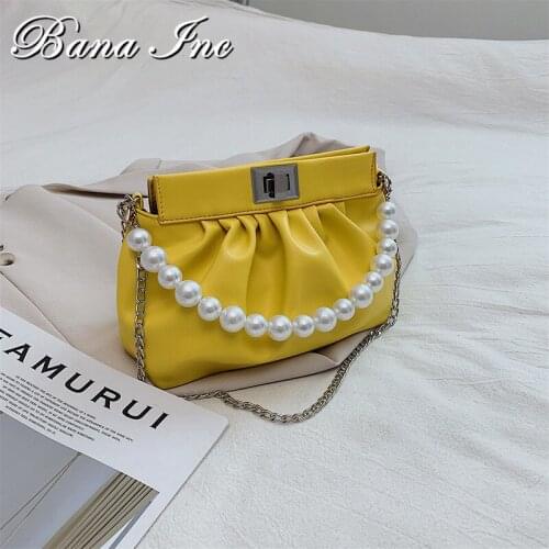 Fashion Ruched Shoulder Bags for Women Pearl Chain Strap Handbags and Purses PU Leather Lady Solid Crossbody Bags