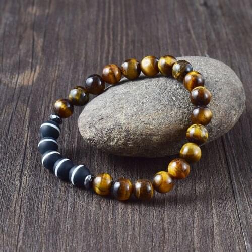 Mens Fashion Accessories Tigers Eye Stone and Unique Black Onyx Stretch Bracelet Natural Stone Beaded Bracelet Friendship Gift