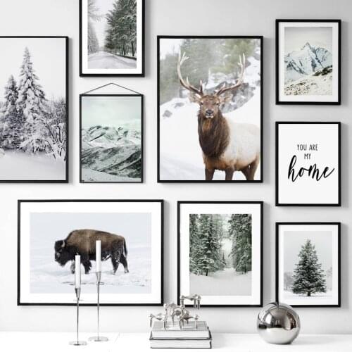 Wall Art Canvas Painting Winter Hill Snow Forest Pine Deer Bison Nordic Posters And Prints Wall Pictures For Living Room Decor