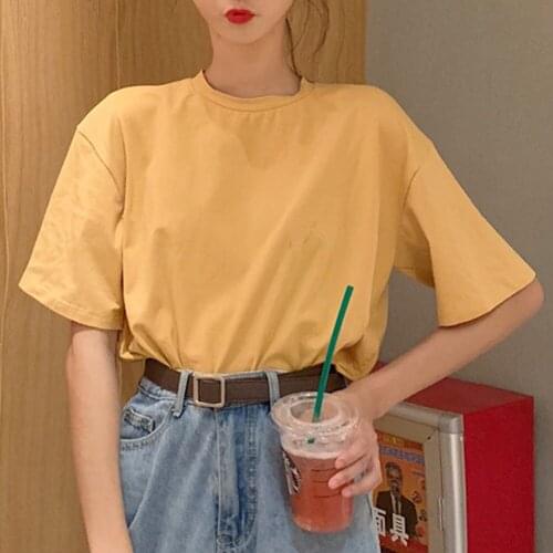 Slim Fit T shirt Summer Cotton T Shirt Women Loose Style Solid Tee Shirt Female Short Sleeve Top Tees O-Neck T-shirt Woman