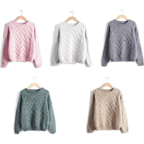 Autumn Winter Women Solid Color Long Sleeve Jumpers O Neck Knit Twist Sweater