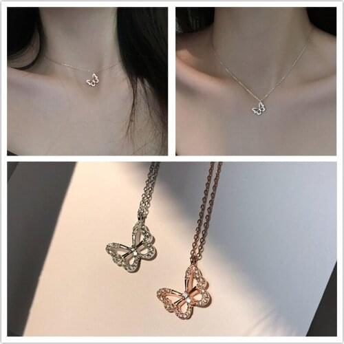 Bright Zircon Butterfly Pendant Necklace For Women Jewelry Trendy Silver 925 Girl Clavicle Accessories Necklace Female Bijou