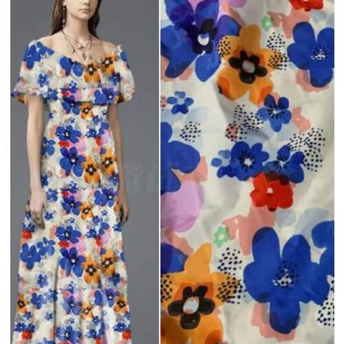 Blue Large Flower Rayon Printed Fabric 100 % Polyester Comfortable Breathable Clothing Home Textile Sewing Fabric