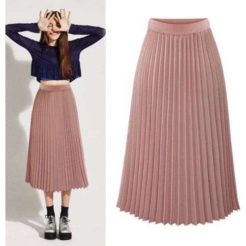 Women Fashion High Waist Pleated Solid Color Mid-calf Lengt Skirt All-match Chiffon Clothing Lady Casual Stretchy Thicken Skirts