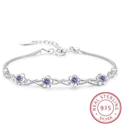 Luxury 925 Sterling Silver Bracelets Purple White Zirconia Plum Flower Bracelets & Bangles For Women pulseira de Prata S-B51