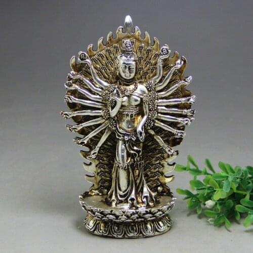 TIbet Buddhism Miao Silver Thousand-hand Guanyin Stands On The Lotus Statue