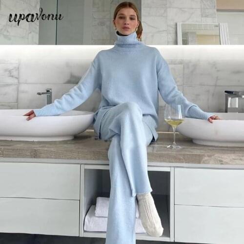 Free Shipping Casual High Neck Long Sleeve Knitted Sweater Set Womens Loose Pullover Knitwear & Flared Pants Two-piece Sets