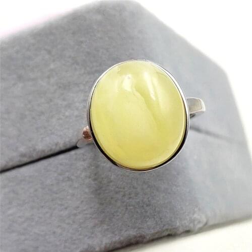 Genuine Natural Yellow Amber Crystal Adjustable Ring 16x14mm 925 Sterling Silver Women Ring Oval Bead Healing Stone AAAAA