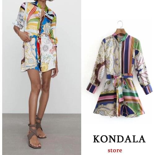 KONDALA Womens Dress Vintage Za Fashion 2021 Regional style print mini dress Long Sleeve Elegant Mujer Vestidos