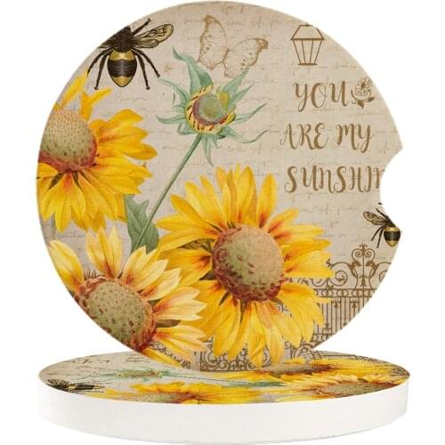 2 4 6pcs/set Ceramic Car Coaster Waterproof Sunflowers Bees Retro Car Cup Drink Mat Car Decoration Accessories