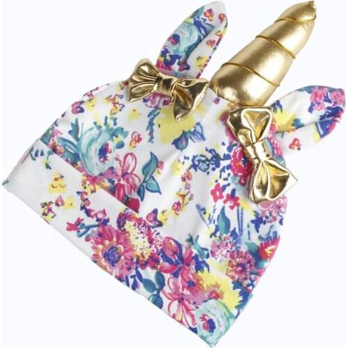 2pcs/lot New childrens baby printed bow warm hat handmade Unicorn Beanie Hat kids winter hats