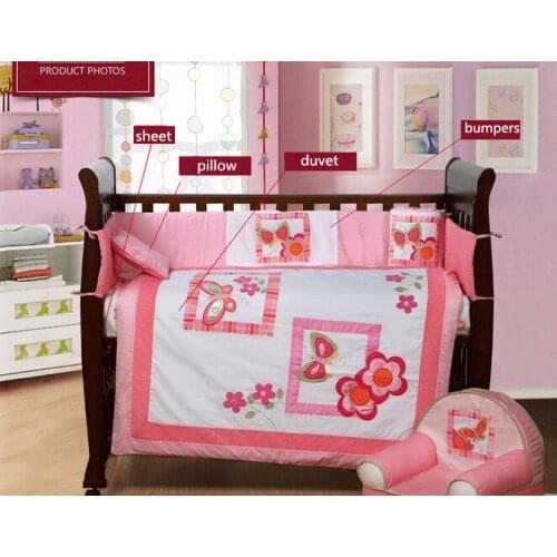 4PCS embroidery Crib Bedding Baby Bedding Set Sweet Baby Nursery Bedding Bumper ,include(bumper+duvet+sheet+pillow)