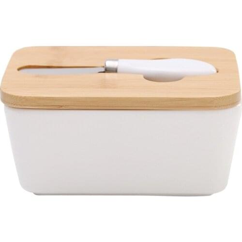 Bamboo Cover Container Butter Knife with Silica Gel Ring Ceramic Sealed Storage Container Rectangular Storage Box
