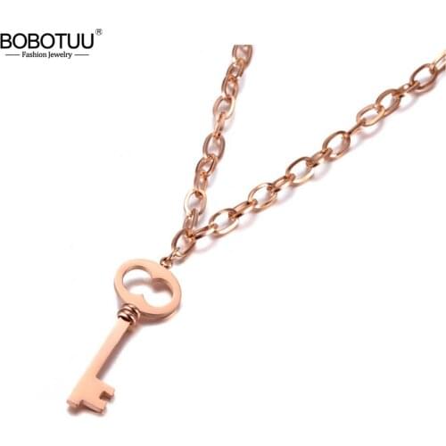 BOBOTUU Fashion Office Style Titanium Steel Love Key Charm Pendant Jewelry Rose Gold Chain & Link Necklace For Women BN19108