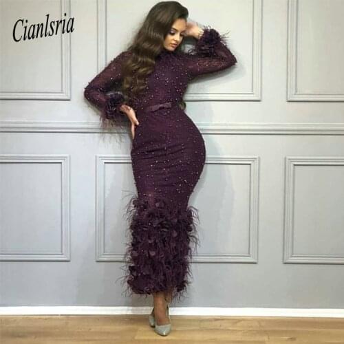 Burgundy prom dresses 2020 high neck beading sequins feather sheath ankle length sheath long sleeve dresses arabic