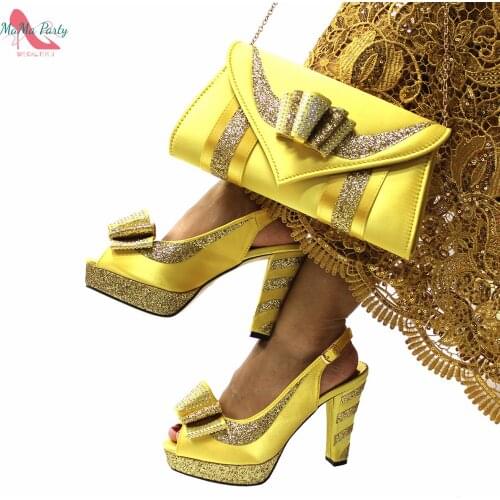 2022 Spring New Arrivals Italian Women Shoes and Bag Set in Yellow Color Slingbacks Super High Heels with Platform for Wedding