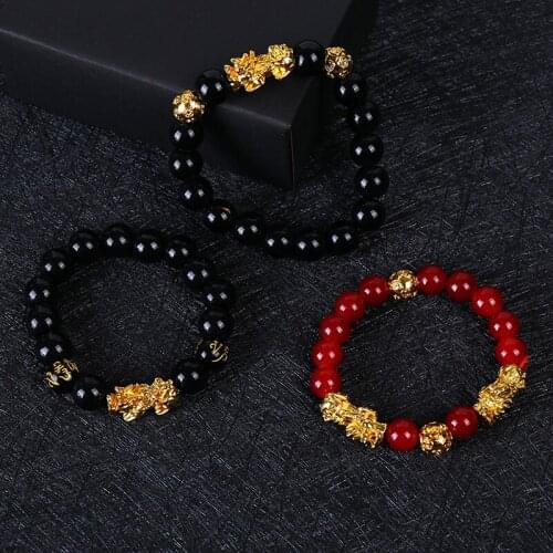 Feng Shui Obsidian Stone Beads Bracelet Men Women Unisex Wristband Gold Black Pixiu Wealth and Good Luck Women Bracelet