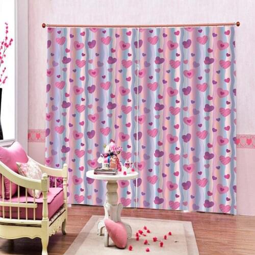 Modern Style Colorful Striped Love Sign pink purple Curtains For Childrens room Bedroom Window Drapes Sets 2 Panels WIth Hooks