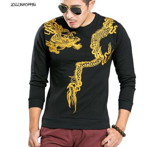 Chinese Style Full Dragon Embroidery Long Sleeve Cotton Sweatshirt 2021 New Crew Neck Casual Pullovers