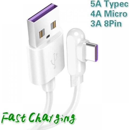Elbow Charging Wire 5A Typec 4A Micro 3A Lighting Fast Charging Data Cable For iphone 11 10 X Hauwei P30 P20 OPPO R11 R9S