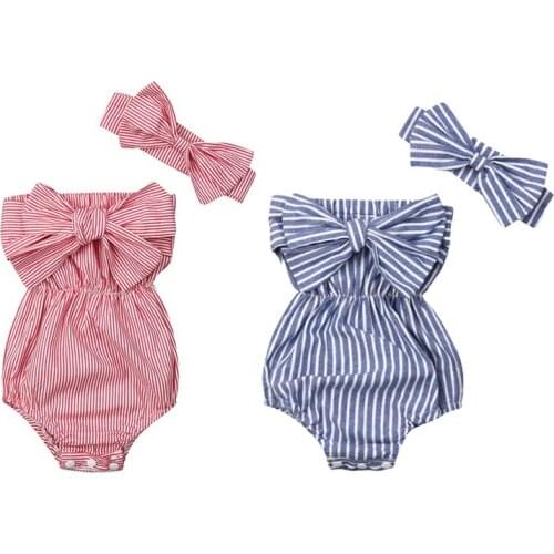 Pudcoco Newborn Baby Girl Clothes Off Shoulder Striped Romper Jumpsuits 2PCS Fashion Sleeveless Bowknot Overall+headbands Outfit
