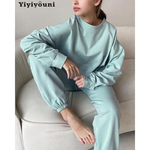Yiyiyouni 7 Colors Autumn Winter Elastic Waist Casual 2 Pieces Tops and Pants Sets Women Loose Tracksuit Female Solid Pullovers