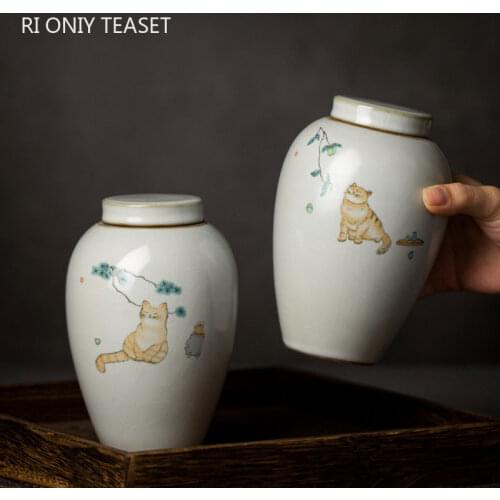 Retro Ru Kiln Ceramics Tea Caddy Cute Cat Pattern Portable Sealed Tea Leaf Containers Travel Tea Bag Storage Box Spice Organizer