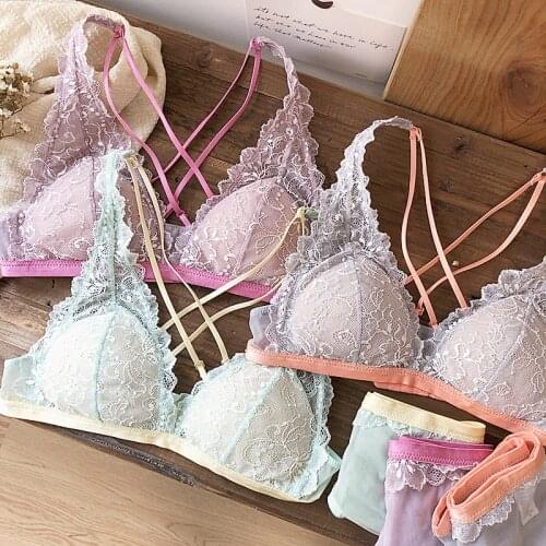 Candy color lace young girls dress underwear Cup triangle sexy bra and panties Padded Bralette Lingerie Ultrathin Briefs female