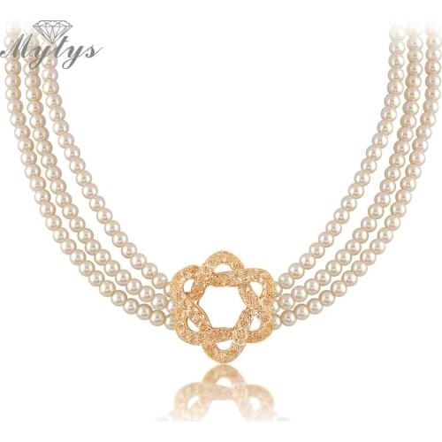 Mytys Multi Layers Chain Pearl Necklace for Women Wire Mesh Tube Fill Crystal Pendant Statement Necklace N530