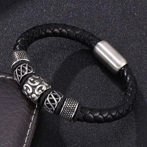 Fashion 8 mm Genuine Leather Stainless Steel Beads Bangles Men Braided Bracelet Magnetic Clasp Charm Wrist Band Jewelry Gifts
