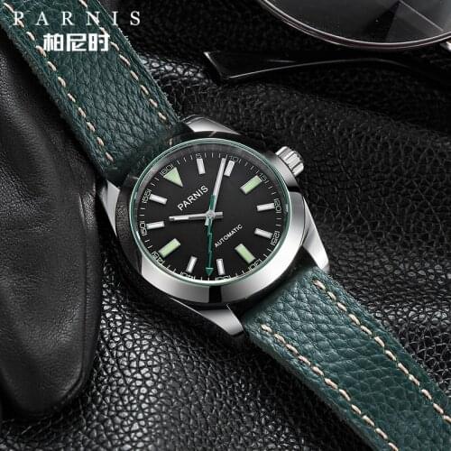 Fashion 40mm Parnis Mechanical Automatic Men Watches Sapphire Crystal Green Leather Miyota 8215 Mens Watch 2019 Man Clock Brand
