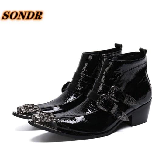 New Autumn Boots Men Iron Pointed Toe Double Buckle Strap Python Skin Shoes Men Glitter Genuine Leather Ankle Boots Sepatu Pria