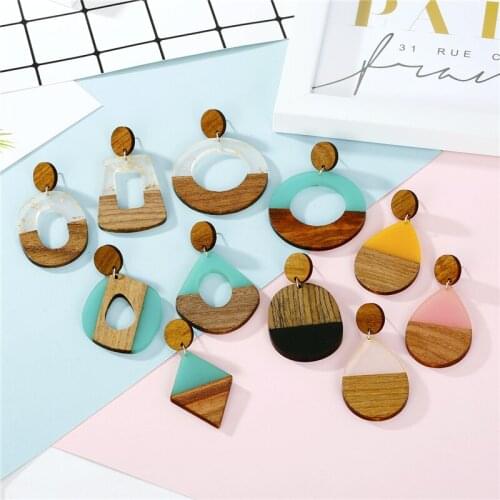 Dayoff European Irregular Geometric Acrylic Statement Earrings for Women Round Pendant Earrings Female Wooden Earing E786