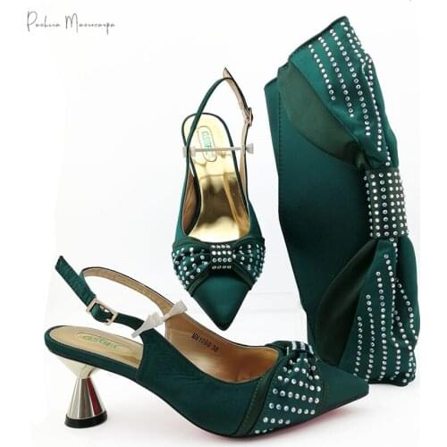 2020 New Arrival Italian Design Nigerian Shoes with Matching Bags Set Decorated with Crystal in Green Color for Party