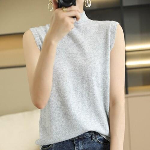 Slim-fit fashion half-high collar womens sleeveless solid color knitted 100% wool vest summer hot cashmere pullover Authentic
