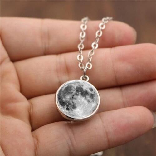Glass Ball Grey Full Moon Pendant Necklace For Women Silver Color Double-sided Crescent Necklaces Jewelry A490