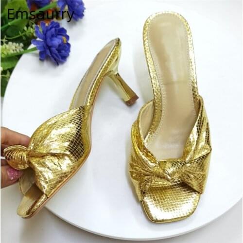 Sexy Open Toe Bowtie Sandals Women Kitten Heel Genuine Leather Med Heel Slip-on Lazyman Mules Summer Shoes Woman