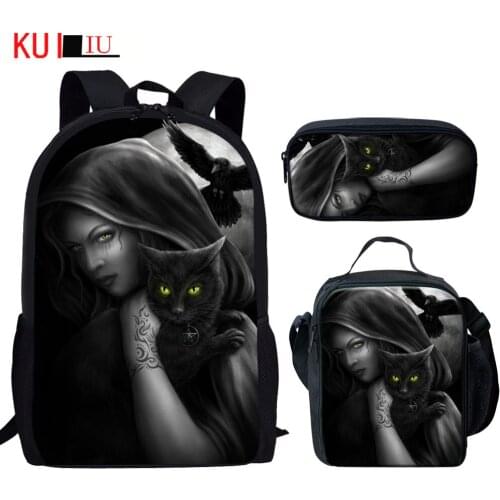 KUILIU 3Pcs/Set Print School Bags Terror Black Cat Backpack Teenagers Witch Crow Nylon Bookbag Casual Backpack
