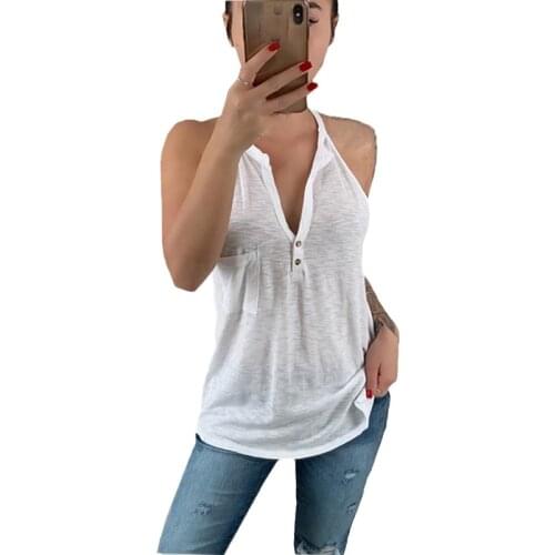 V Neck button Halter Sexy casual 2021 Summer Women sleeveless Camisole Top Solid Color Sleeveless Camis Womens Clothing Tanks