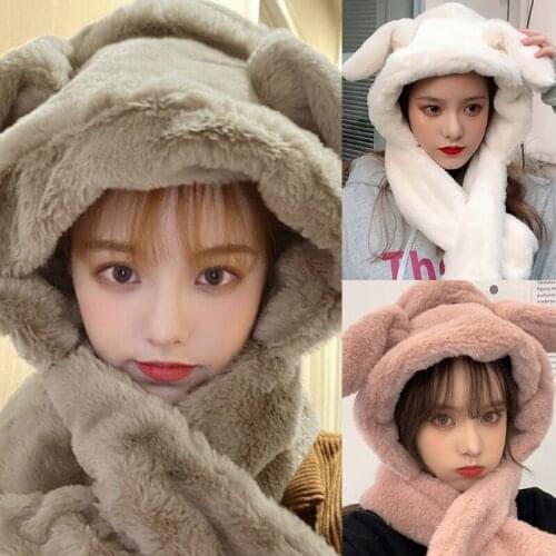Women Cute Bunny Fluffy Plush Earflap Hat with Moving Jumping Rabbit Ears Thicken Warm Beanie Cap Neck Warmer Scarf